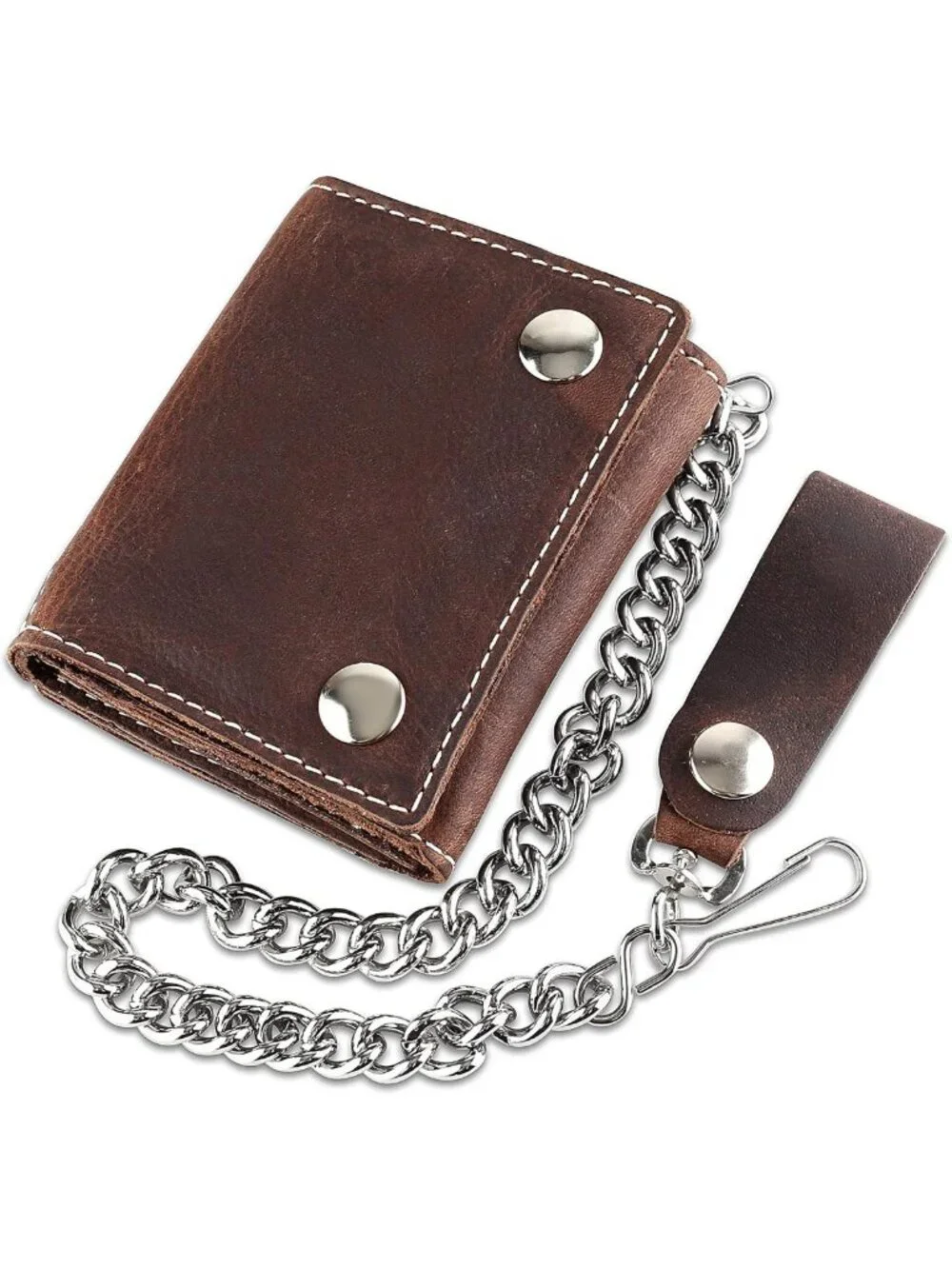 Vintage Biker Tri-fold Leather Wallet with RFID Blocking, Steel Chain, Snap
